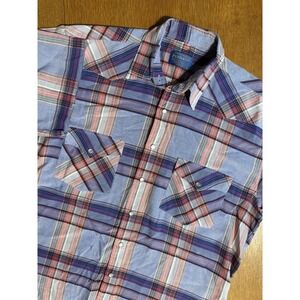 Pendleton Shirt Men L Plaid Pearl Snap Western Short Sleeve Blue Red Vintage
